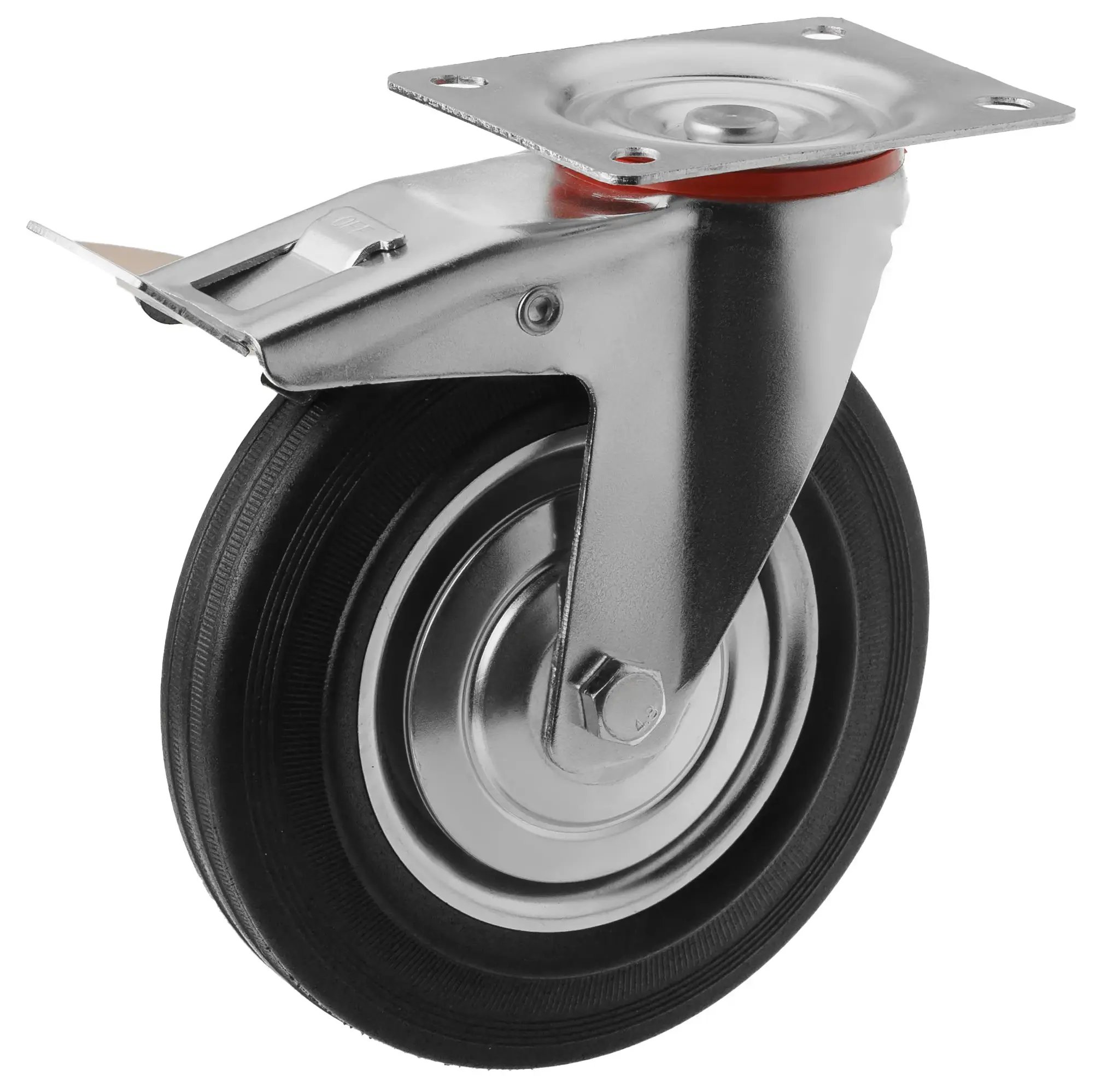 Промышленное колесо, диаметр 200 мм, крепление-поворотная площадка с тормозом, черная резина, роликовый подшипник - SCb 80