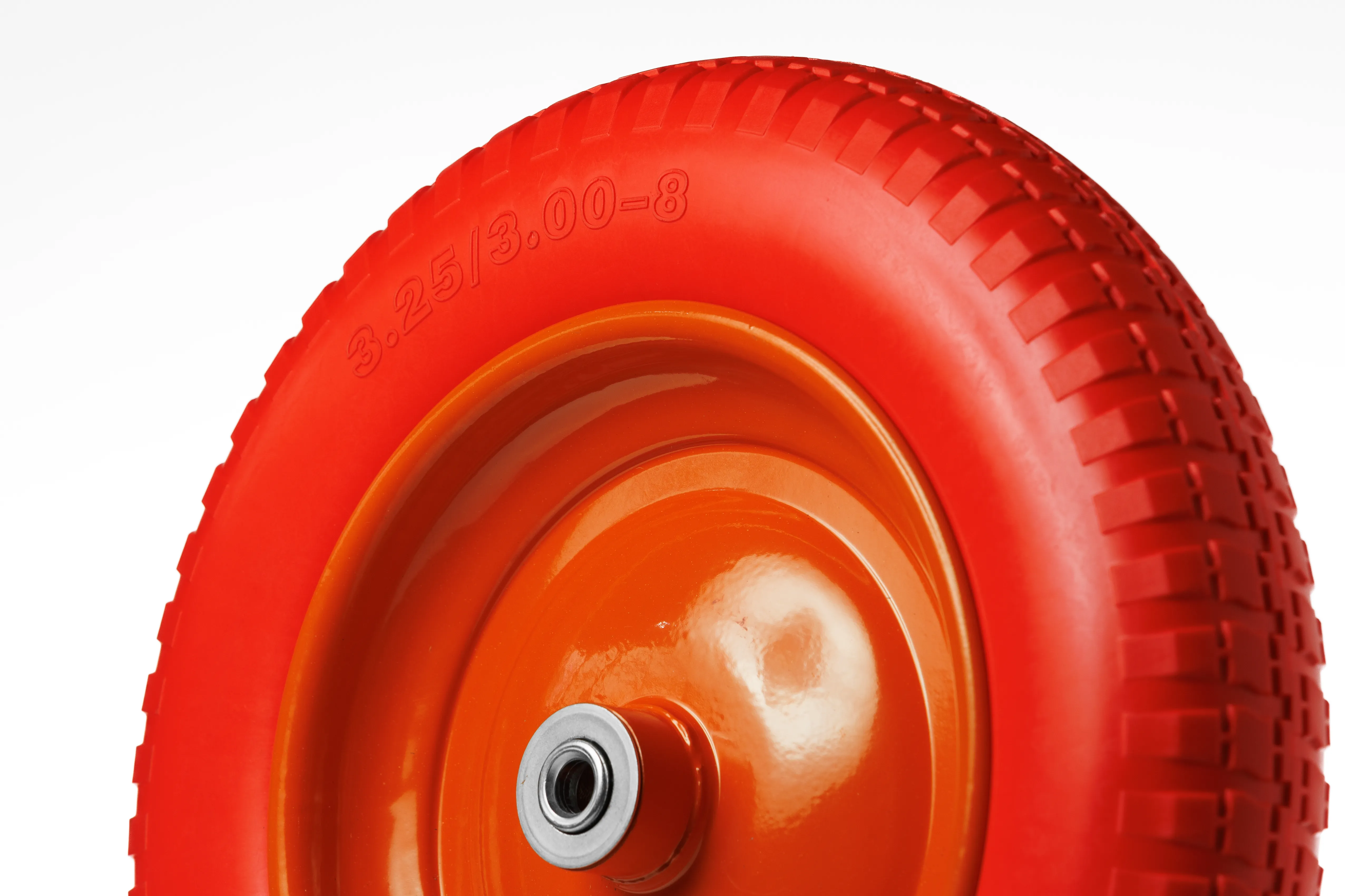 Пенополиуретановое колесо, диаметр 360мм, металлический обод, симметричная ступица, шариковый подшипник, ось 12 мм, 3.25-8 - PU 2400-12